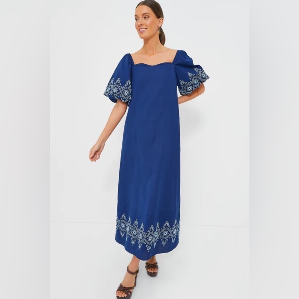 Anna Cate Dress Maggie Maxi Cotton Royal White Embroidery L EUC